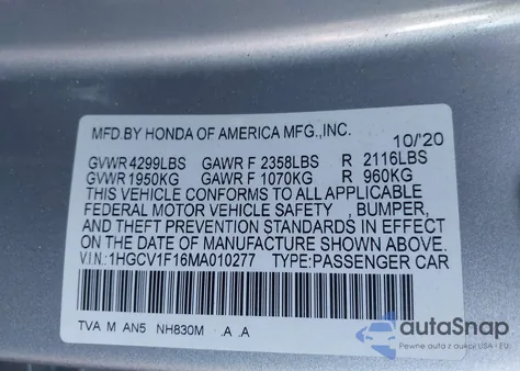 2021 Honda Accord Lx из США, поврежденный, VIN 1HGCV1F16MA010277